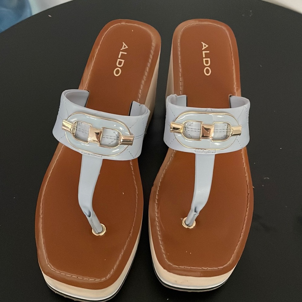 Platform flip-flops. Baby blue with gold enamel accessories.